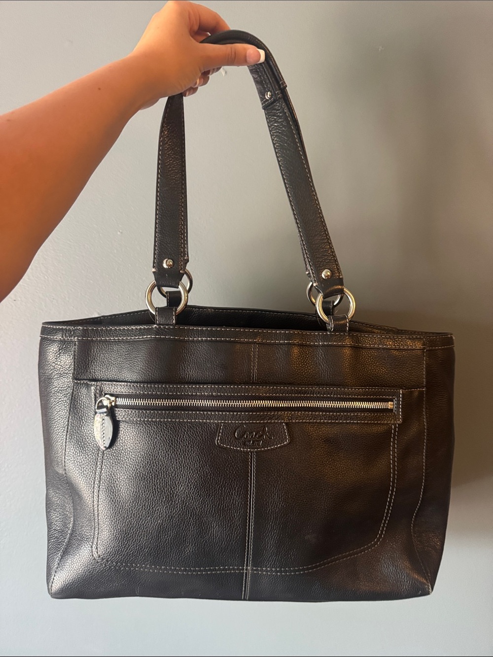Coach Black Leather Shoulder Tote with Silver Hardware